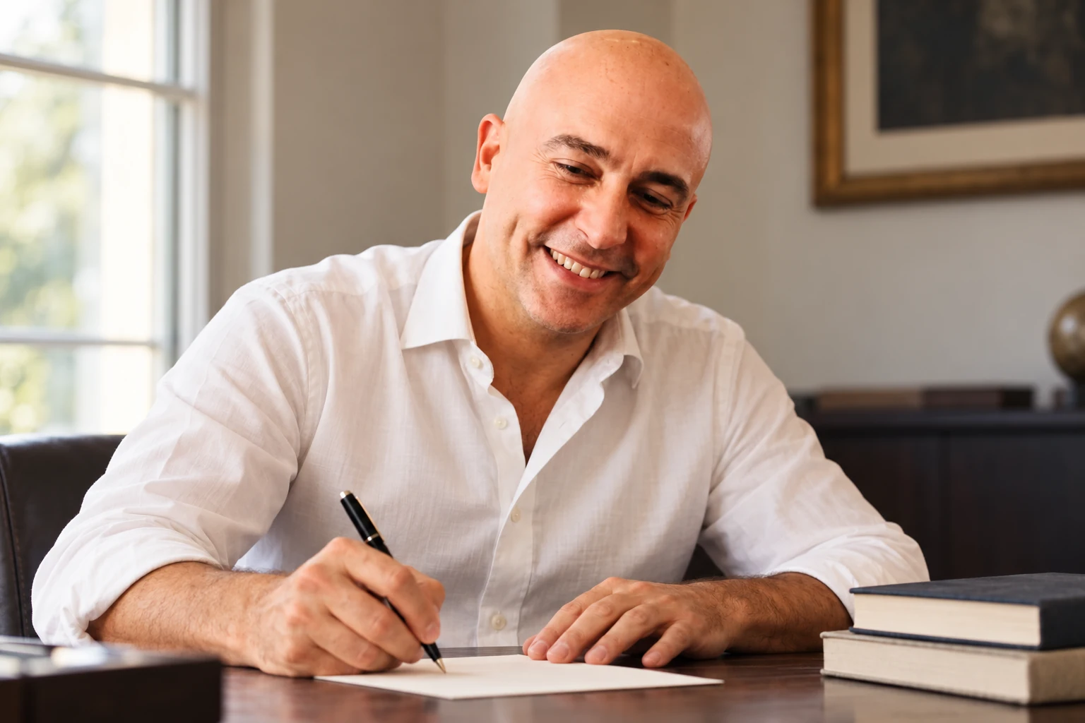 Pasqualino Mazza writing in a notebook at a desk beside a window